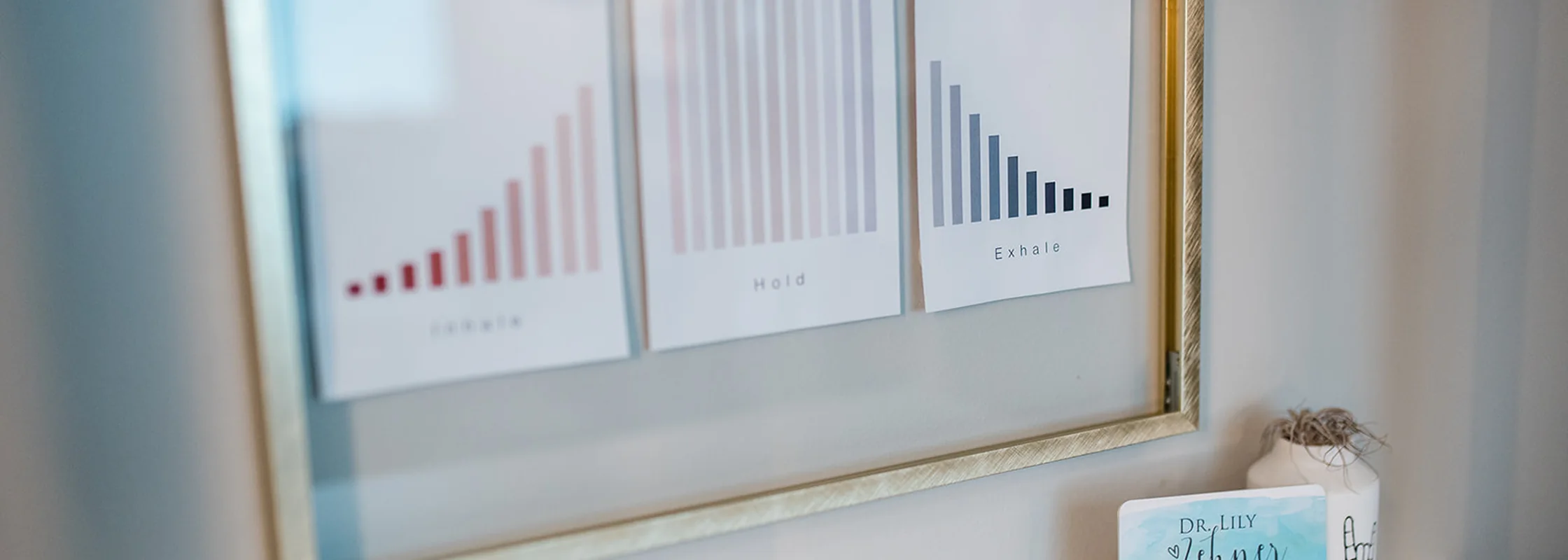 Framed breathing-exercise prints and Dr. Lily Zehner's business card on a shelf in her office
